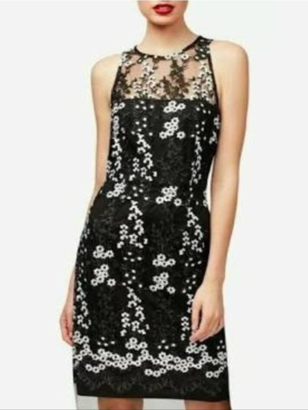 Betsey Johnson Black Lace Sheath Dress White Floral Sheer  Sleeveless Size 8